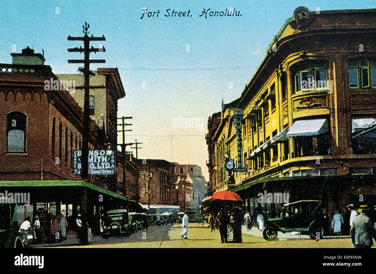 C.1930 Carte Postale, Hawaii, Oahu, le centre-ville d'Honolulu, rue Fort. Banque D'Images