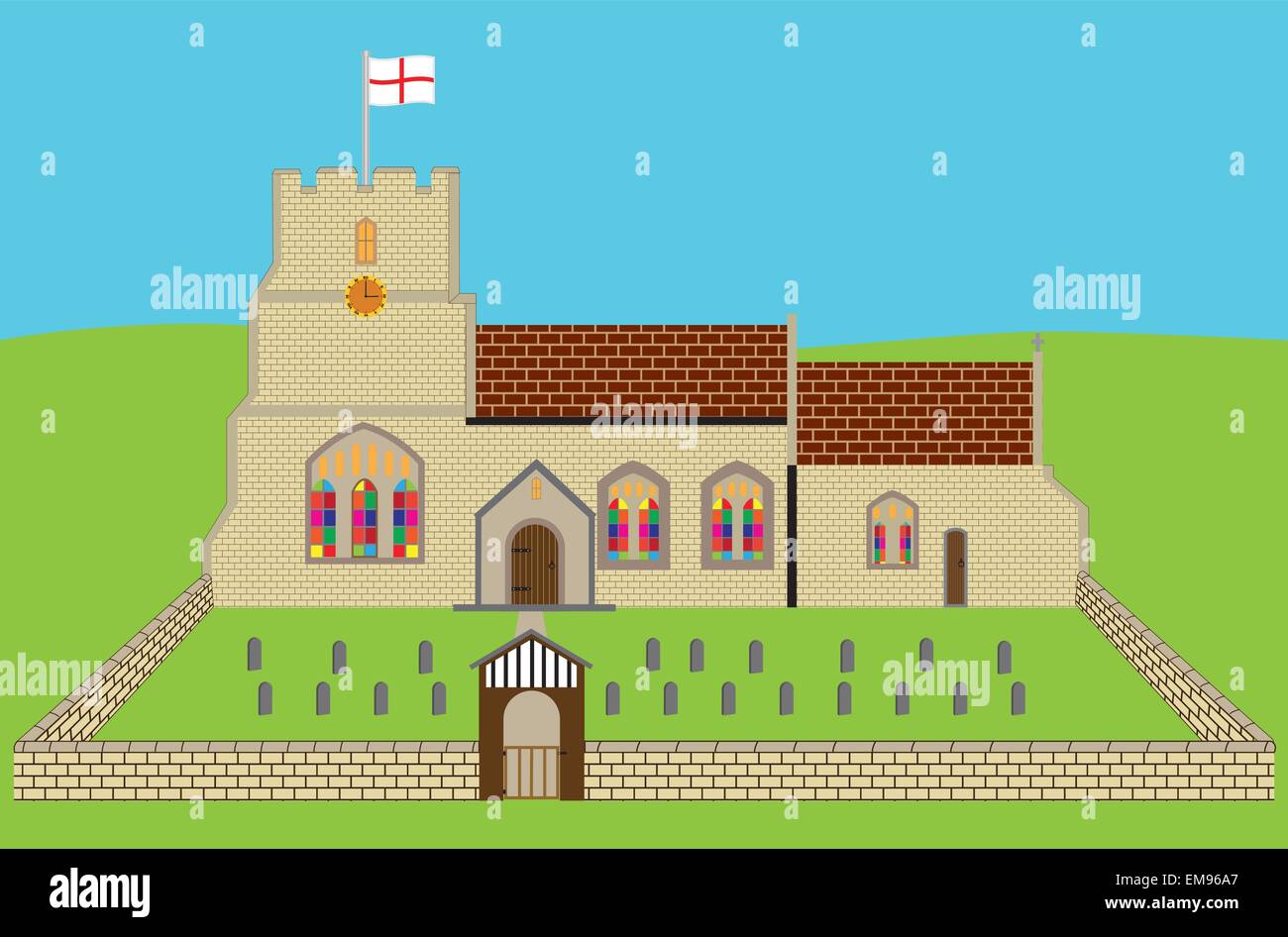 Un vecteur illustration d'une vieille église anglaise avec un vitrail horloge battant pavillon de Saint George et horloge ancienne et cimetière Illustration de Vecteur