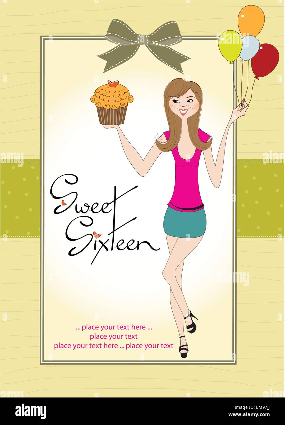 Sweet Sixteen carte d'anniversaire avec jeune fille Illustration de Vecteur