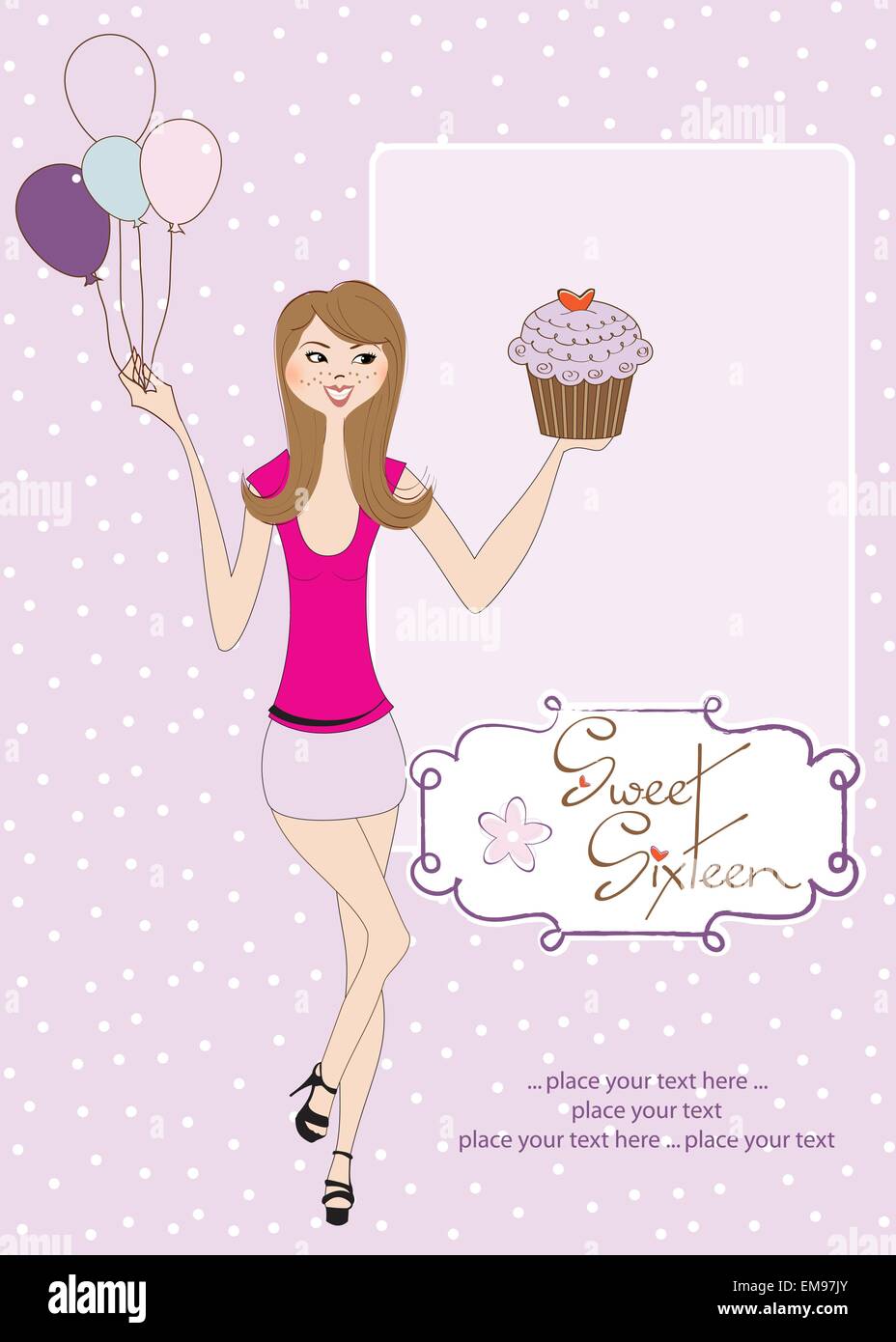 Sweet Sixteen carte d'anniversaire avec jeune fille Illustration de Vecteur
