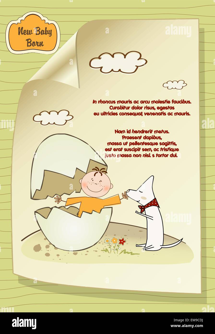 Souhaiter La Bienvenue A Bebe Carte Avec Oeuf Casse Annonce Chien Image Vectorielle Stock Alamy