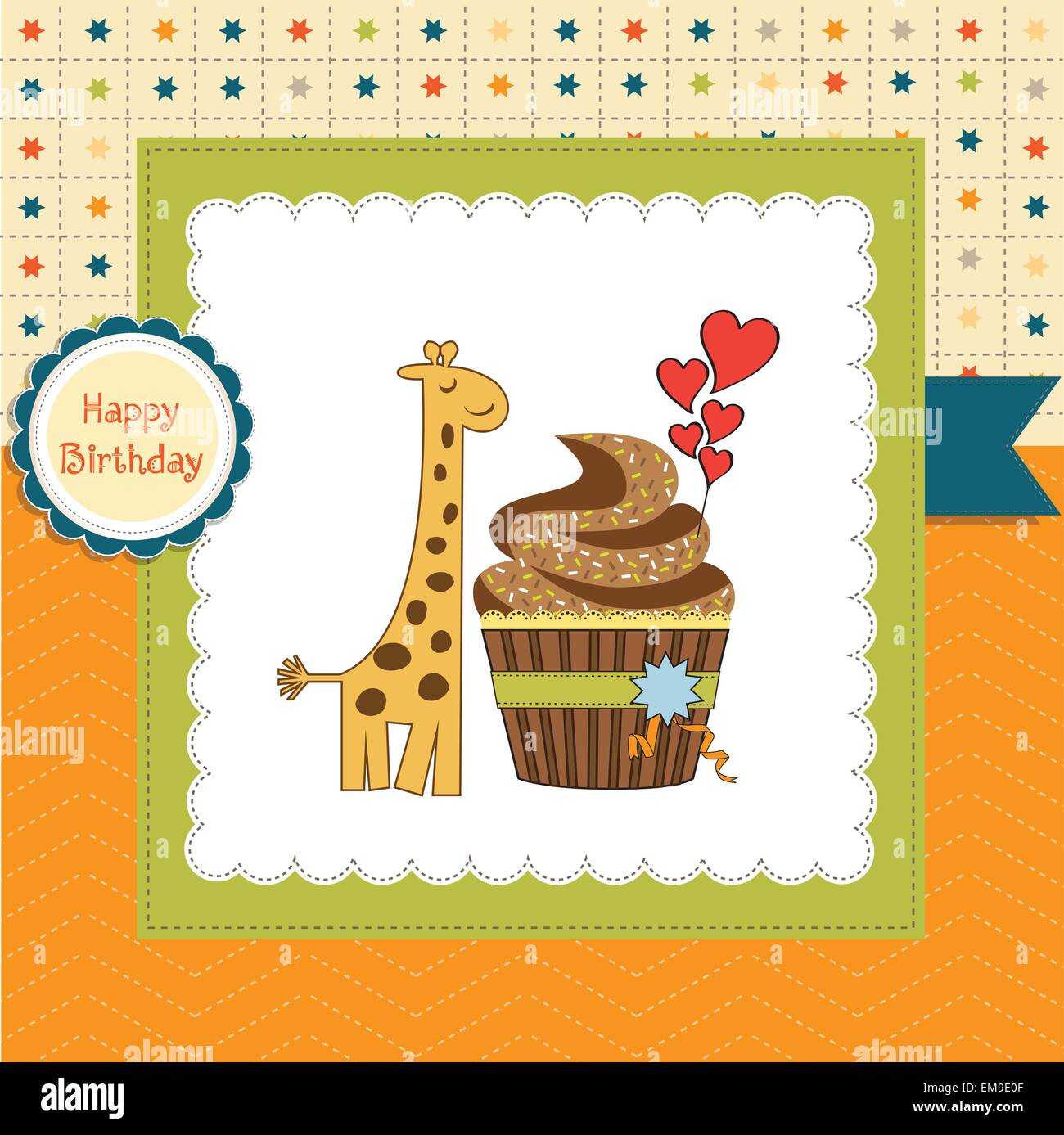 Carte de souhaits d'anniversaire avec girafe et cupcake Illustration de Vecteur