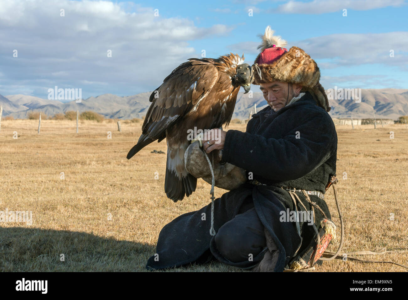 Son formateur Eagle eagle prêt à rouler, près de Olgii, l'ouest de la Mongolie Banque D'Images