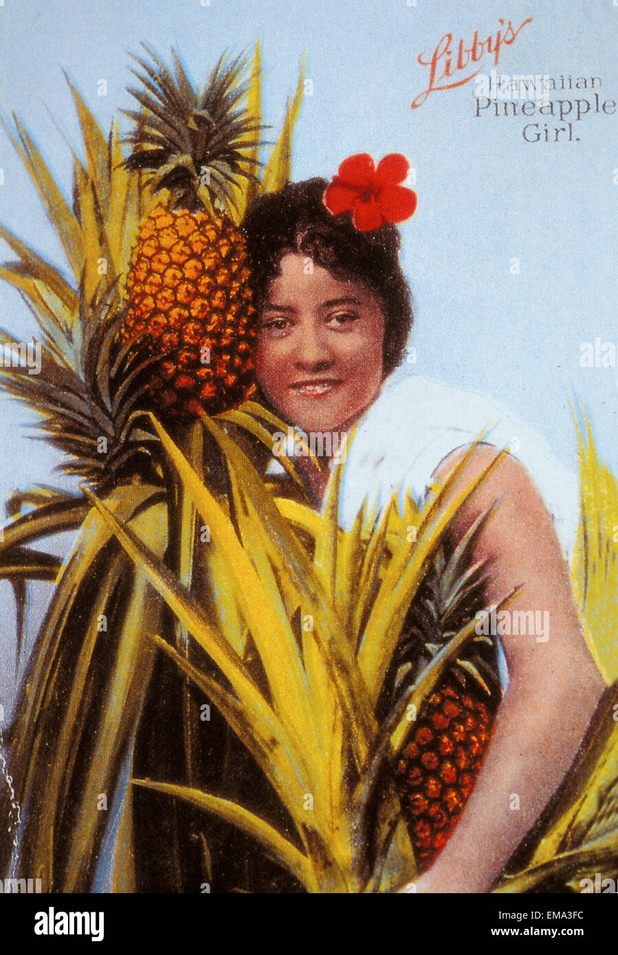 C.1900 Hawaiian femme fleur rouge dans les cheveux, serrant l'ananas mûr, Carte postale Banque D'Images