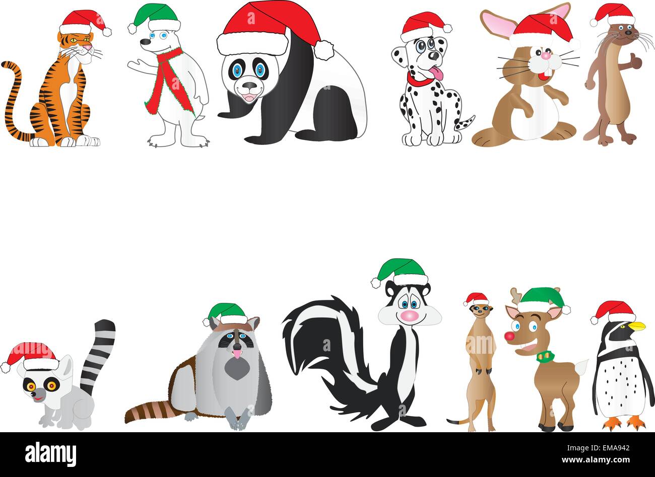 Un vecteur Illustration d'une collection de cute cartoon animaux dans les chapeaux de Noël ours panda tigre chiot dalmatien lapin lémurien otter et plus Illustration de Vecteur