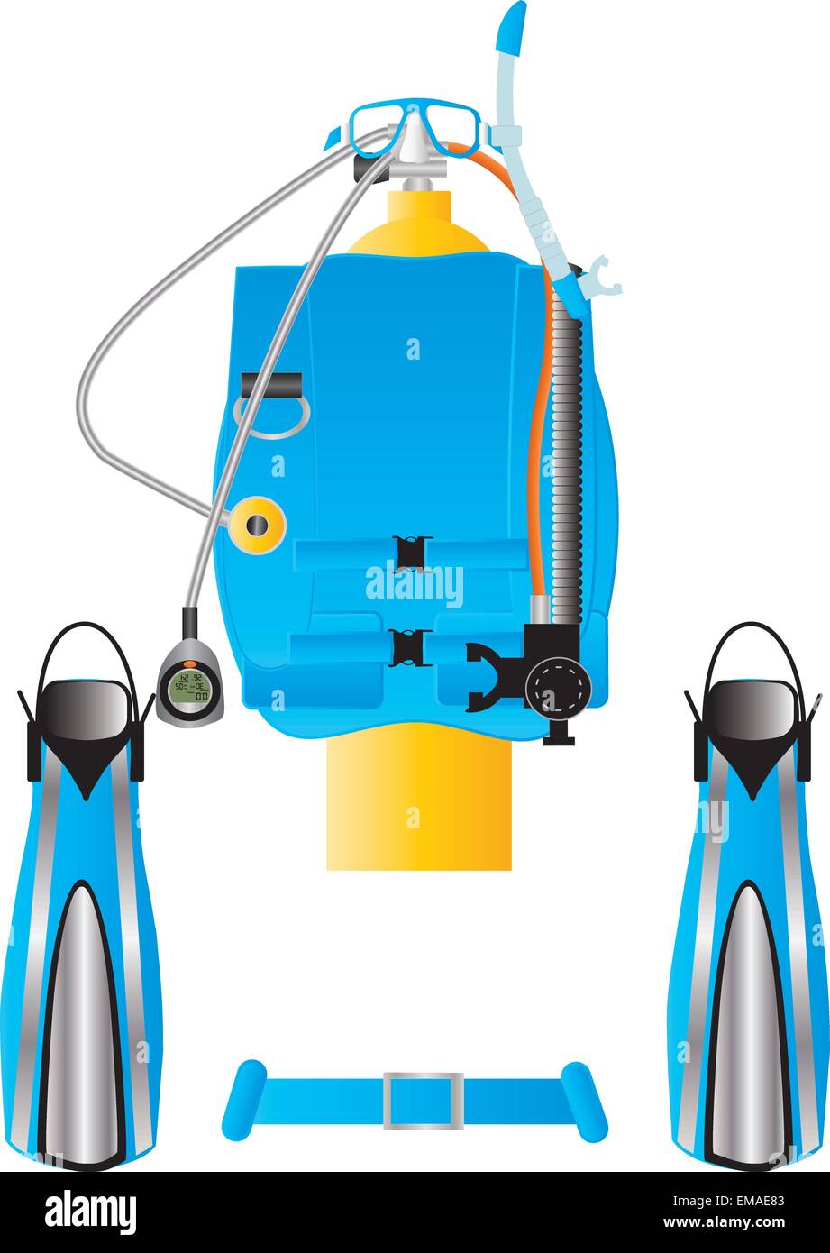 Un vecteur illustration de l'équipement de plongée palmes masque tuba bouyancy vérin régulateur compensateur de l'ordinateur de plongée Illustration de Vecteur