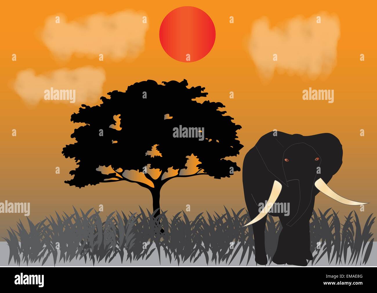 Un éléphant sous le coucher de soleil sur la savane avec un acacia dans le contexte le concept d'être en voie de disparition en raison de braconnage de l'ivoire Illustration de Vecteur