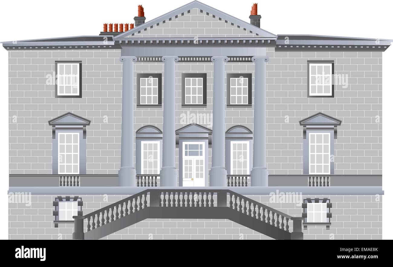 Une maison de campagne anglaise construit dans le style palladien avec piliers ioniques un portique et un escalier ornementé isolated on white Illustration de Vecteur