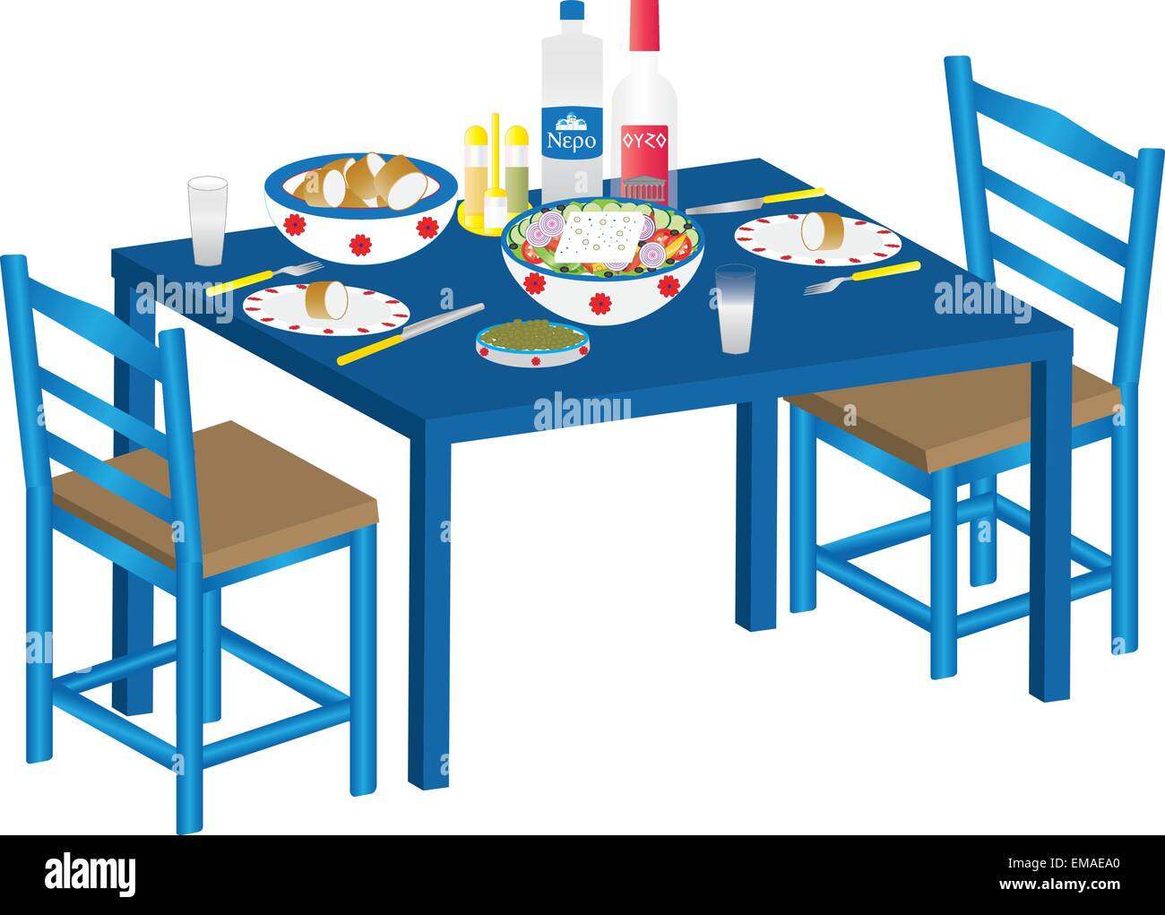 Un repas traditionnel grec de salade grecque, des olives, du pain et de l'Ouzo sur un tableau bleu avec des chaises en osier blanc sur allisolated Illustration de Vecteur