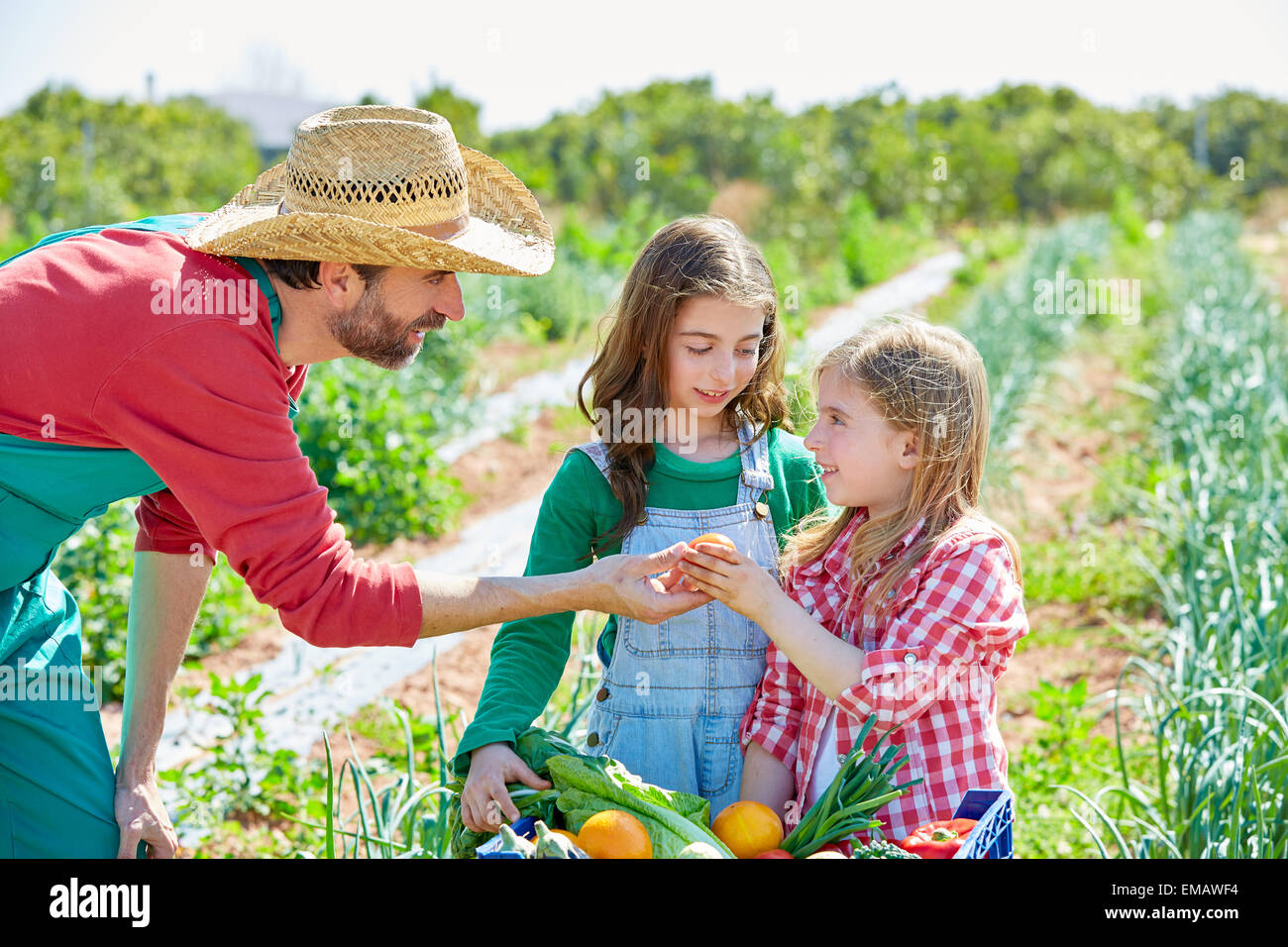 L'homme légumes agriculteur montrant la récolte de kid in orchard Banque D'Images