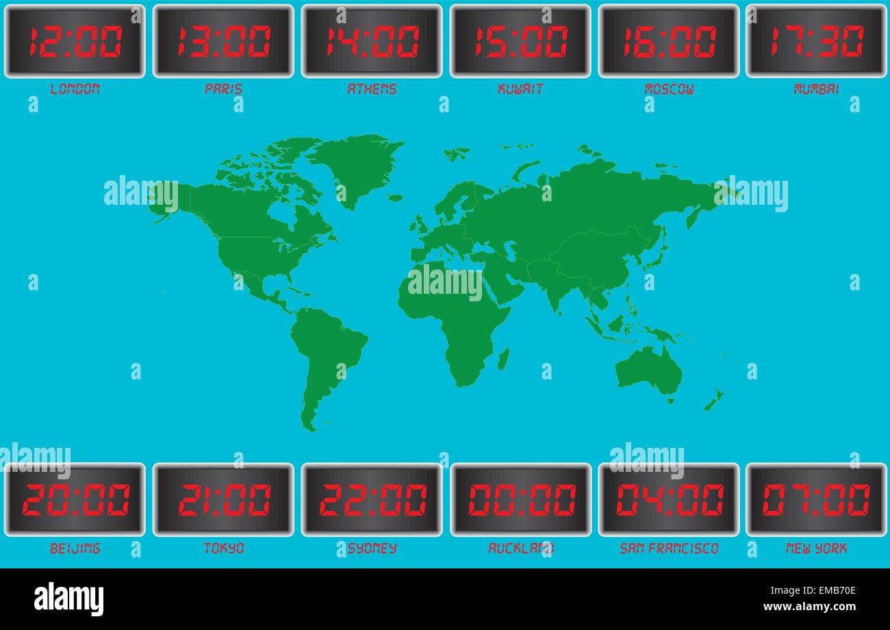 Une Image Dun Monde Vecor Carte Temps Horloges Avec Londres