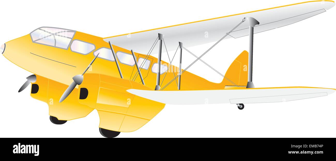 Un double jaune Vintage avion biplan monomoteur isolated on white Illustration de Vecteur