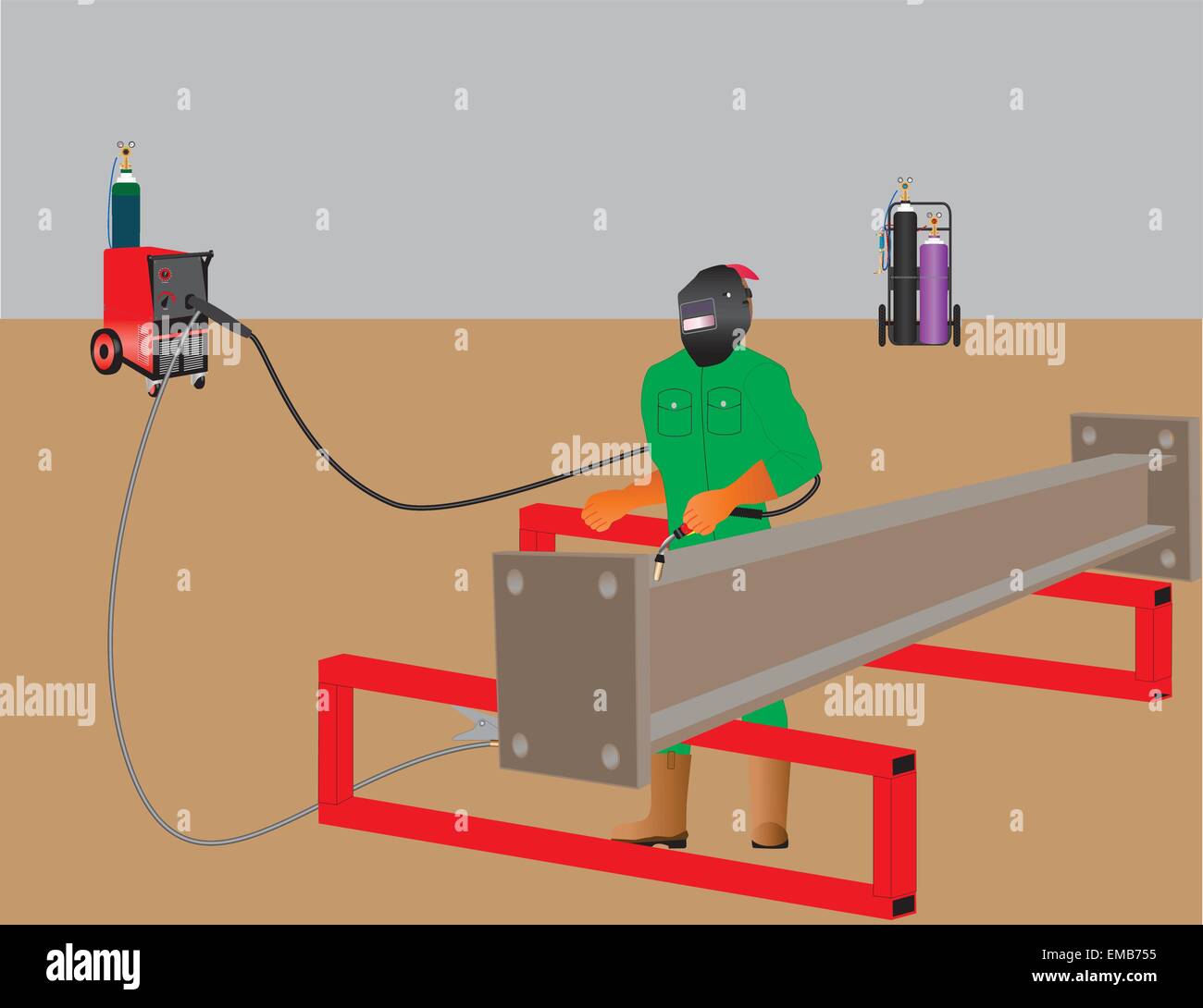 Man welding plaques sur une poutre avec Mig soudeur, Oxy acétylène fixés en arrière-plan Illustration de Vecteur