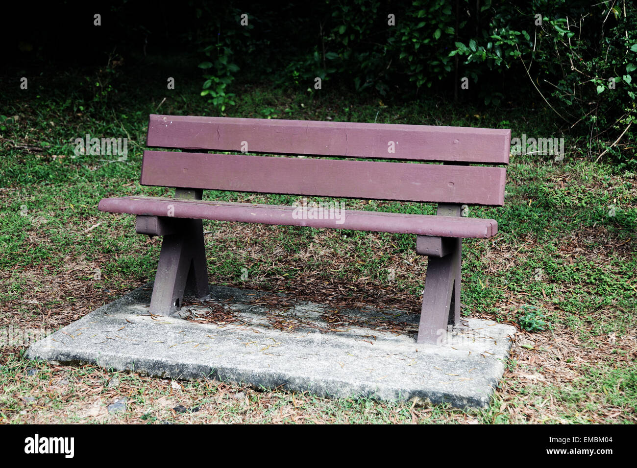 C'est une photo d'un banc public dans un jardin ou parc. Il n'y a personne assis sur elle. C'est piscine en plein air ou à l'extérieur. Il est en bois Banque D'Images