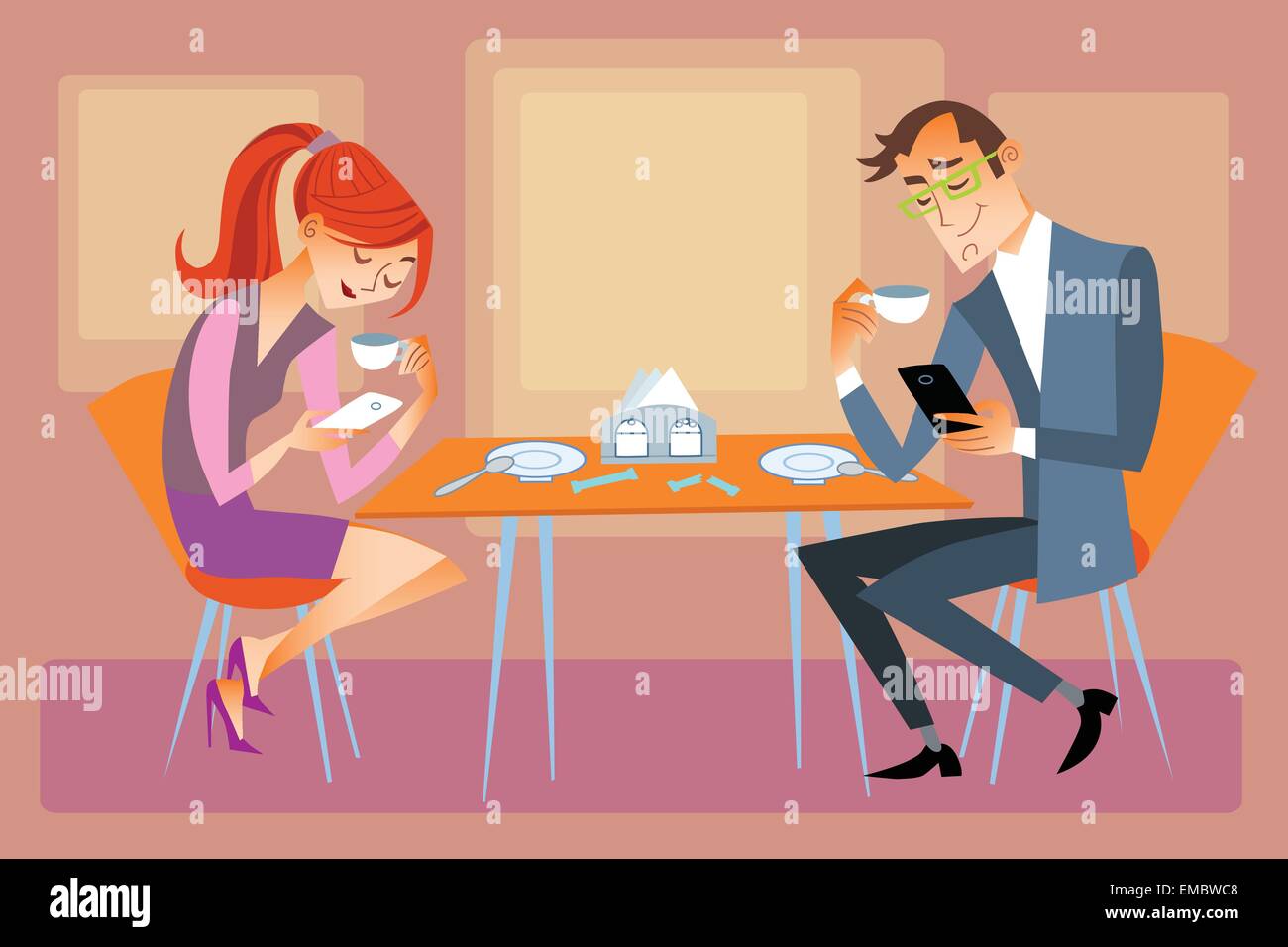 De nouvelles technologies et de la famille. Mari et femme sont assis à la table à manger et ne pas parler, mais en regardant leurs téléphones Illustration de Vecteur