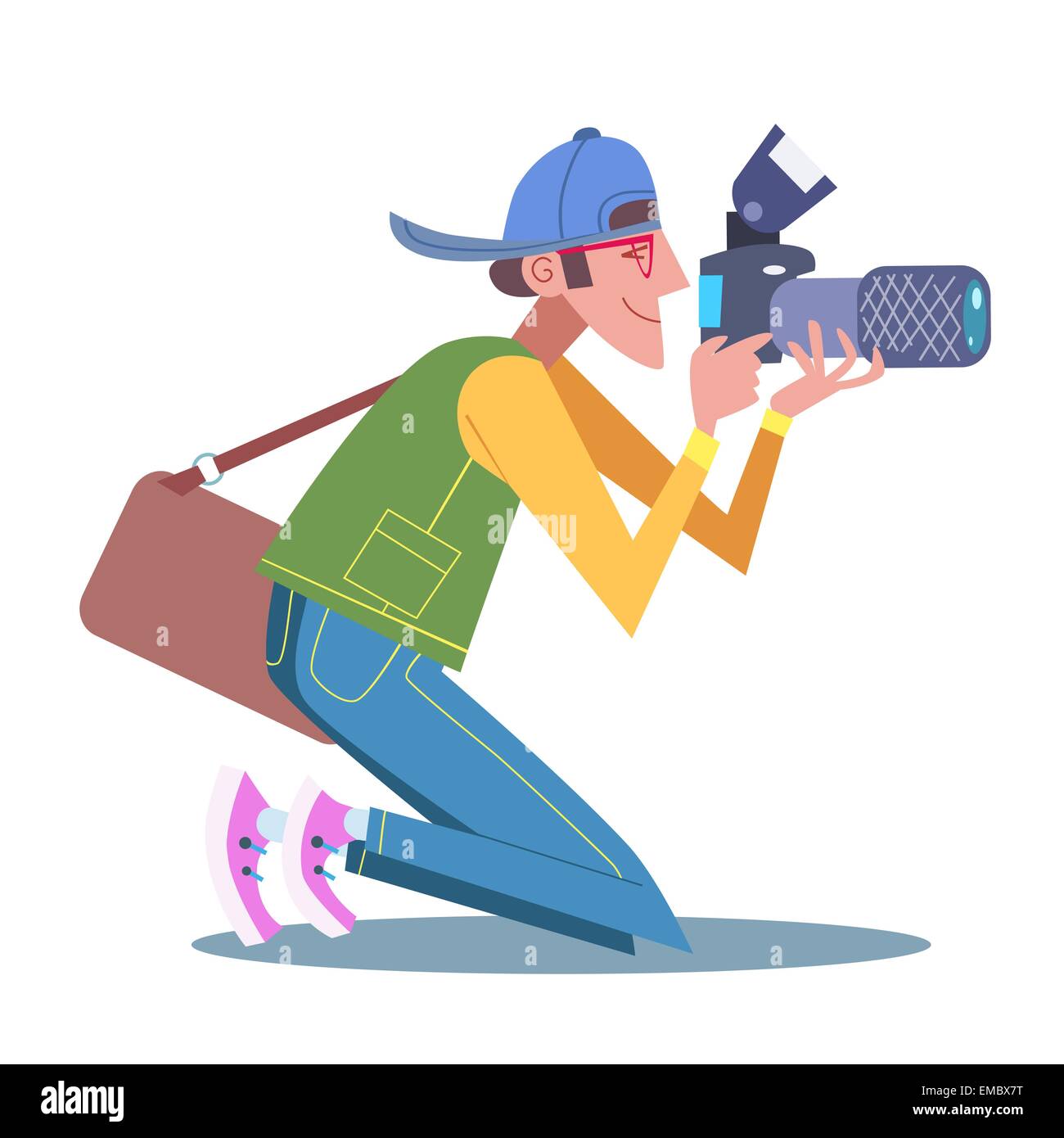 Journaliste photographe touristique est à genoux et prendre des photos. Travaux de photographie dans les médias blogger Illustration de Vecteur