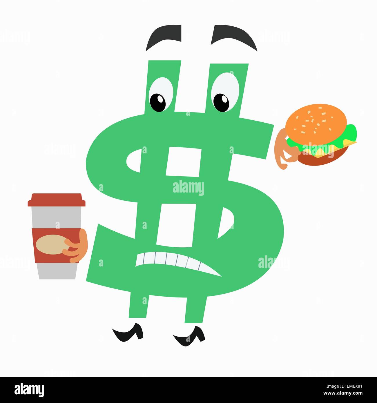 Le personnage est un signe dollar avec un hamburger et une tasse de café. L'administration et des finances. Monnaie nationale Illustration de Vecteur
