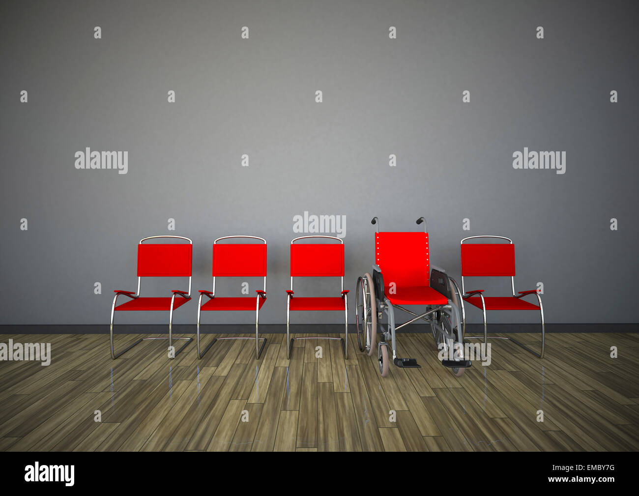 Chaises rouges avec fauteuil roulant dans une chambre, 3D Rendering Banque D'Images