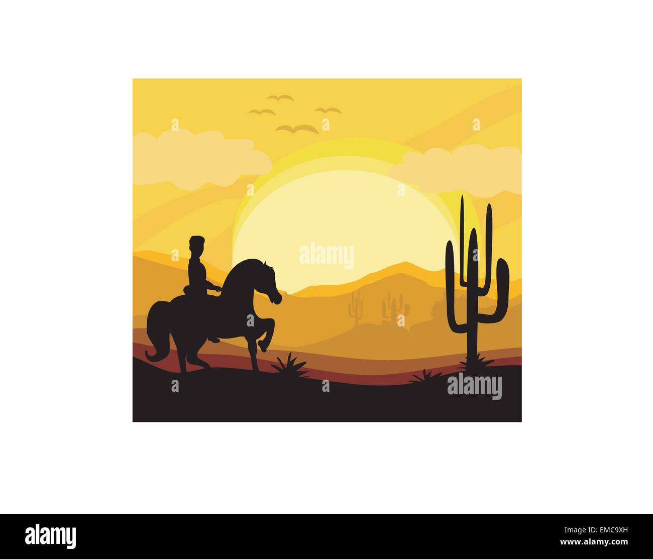 Silhouette d'un homme monter à cheval pendant le coucher du soleil Illustration de Vecteur