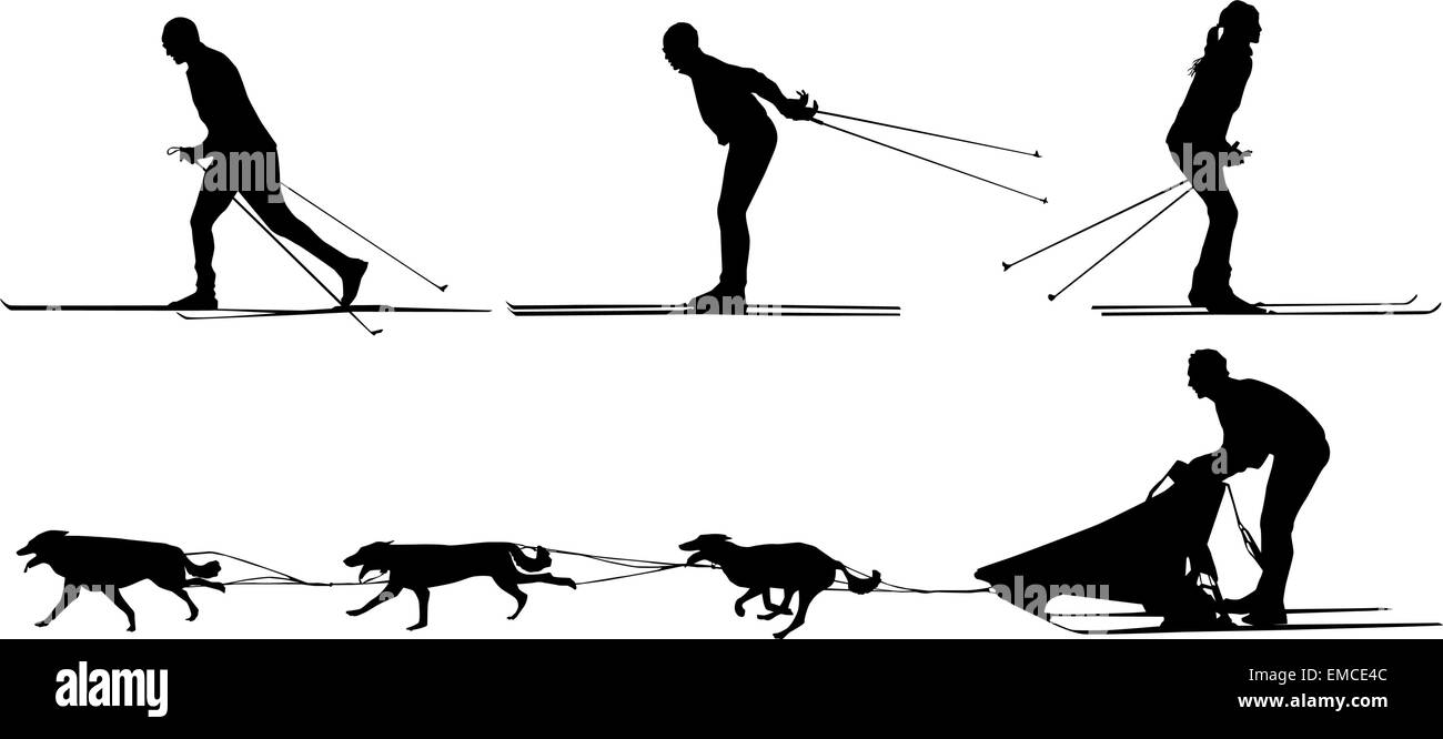 Les skieurs de fond, luge et l'équipe de chiens Illustration de Vecteur
