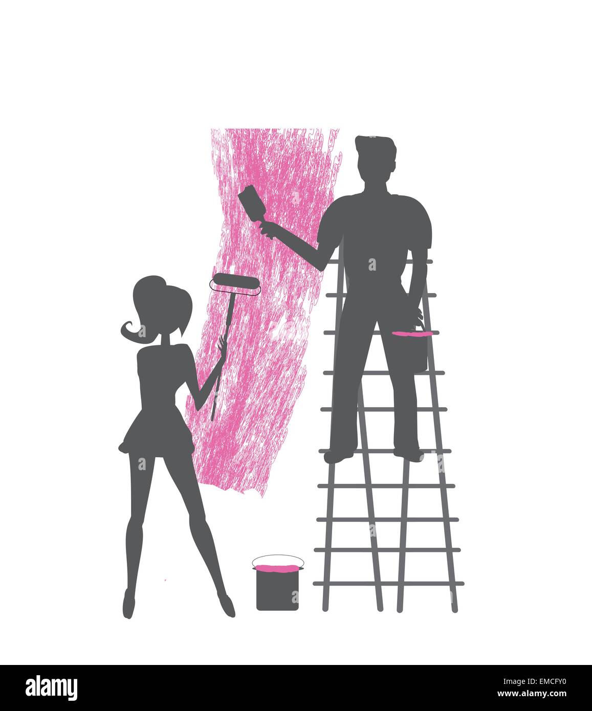 Silhouettes de deux personnes à peindre un mur vierge Illustration de Vecteur