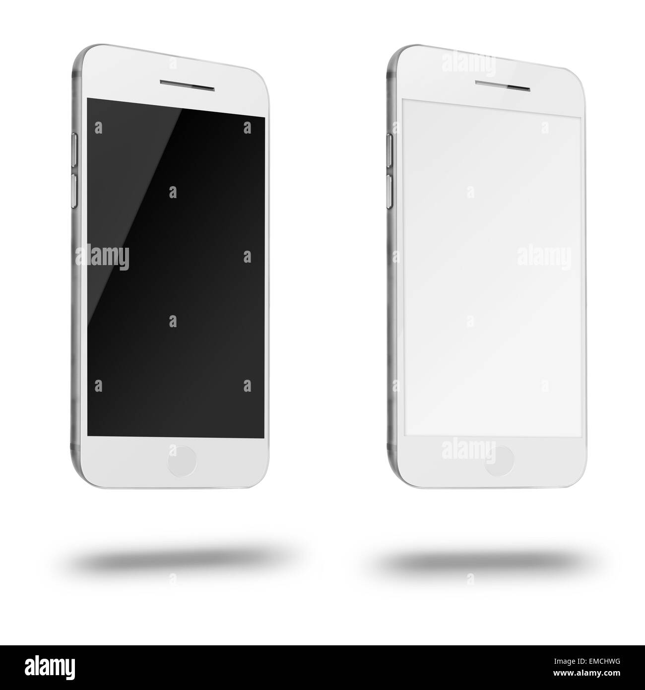 Les téléphones mobiles intelligents avec blanc et écran blanc isolé sur fond blanc. Illustration très détaillée. Banque D'Images