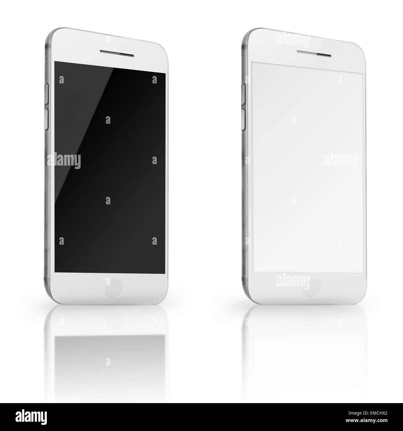 Les téléphones mobiles intelligents avec blanc et écran blanc isolé sur fond blanc. Illustration très détaillée. Banque D'Images