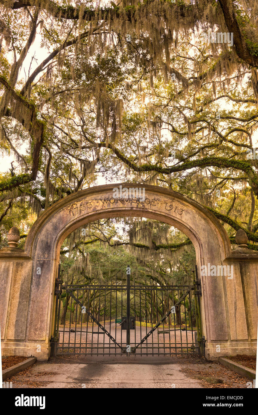 Le portail d'entrée à Plantation Wormsloe Site historique près de Savannah, Géorgie. Traitement HDR. Banque D'Images