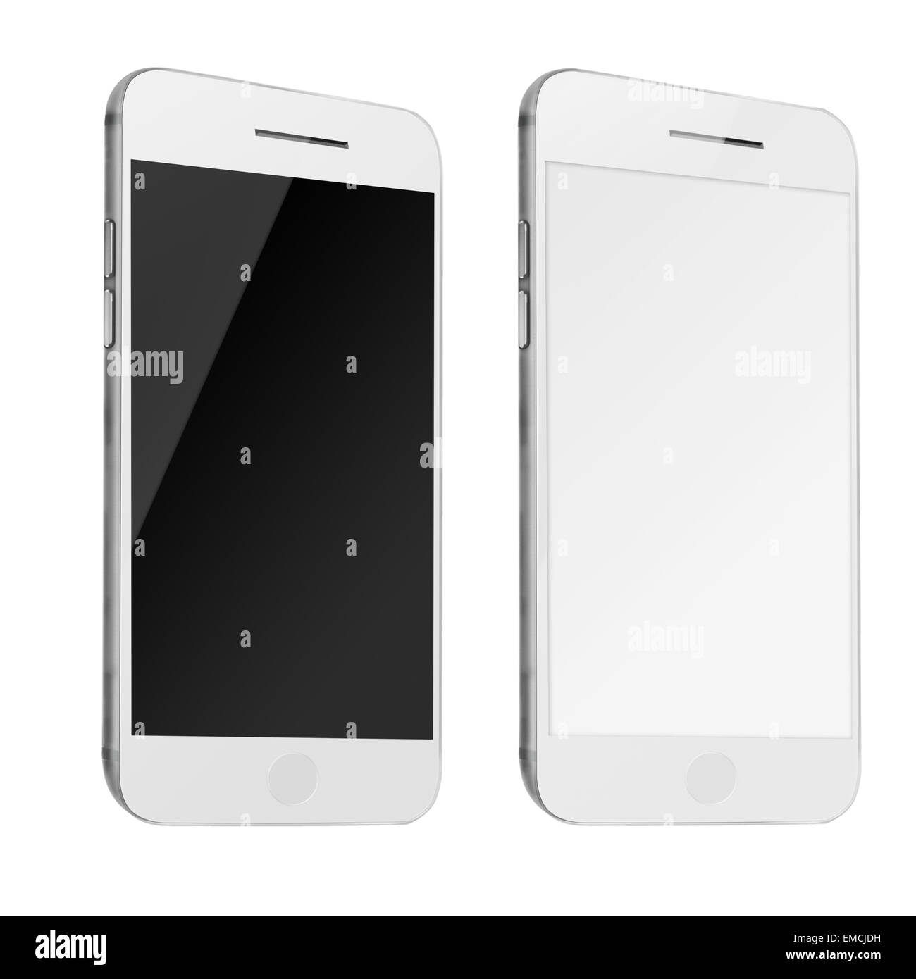 Les téléphones mobiles intelligents avec blanc et écran blanc isolé sur fond blanc. Illustration très détaillée. Banque D'Images