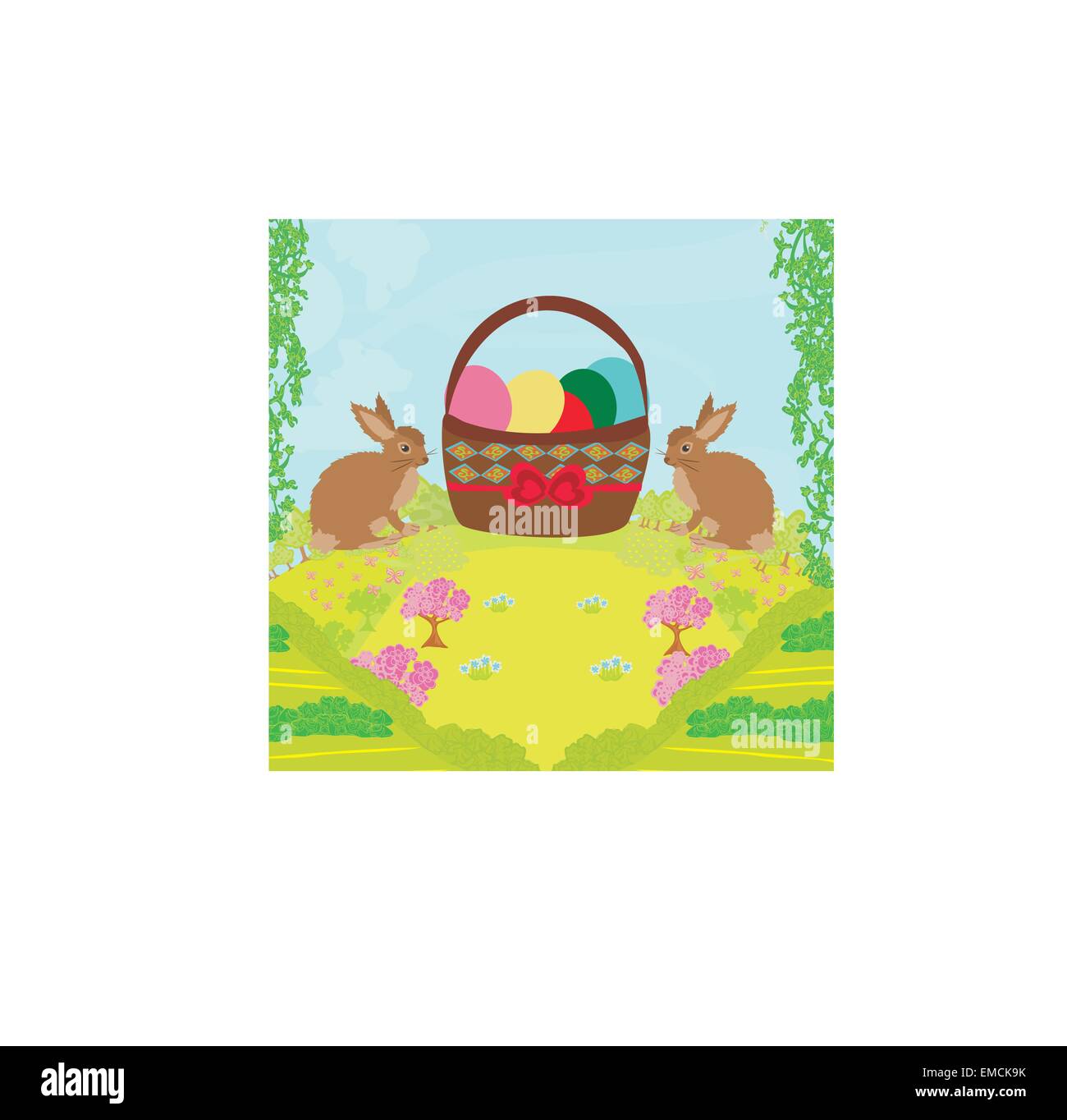 Carte postale avec des lapins de Pâques et les oeufs avec panier Illustration de Vecteur