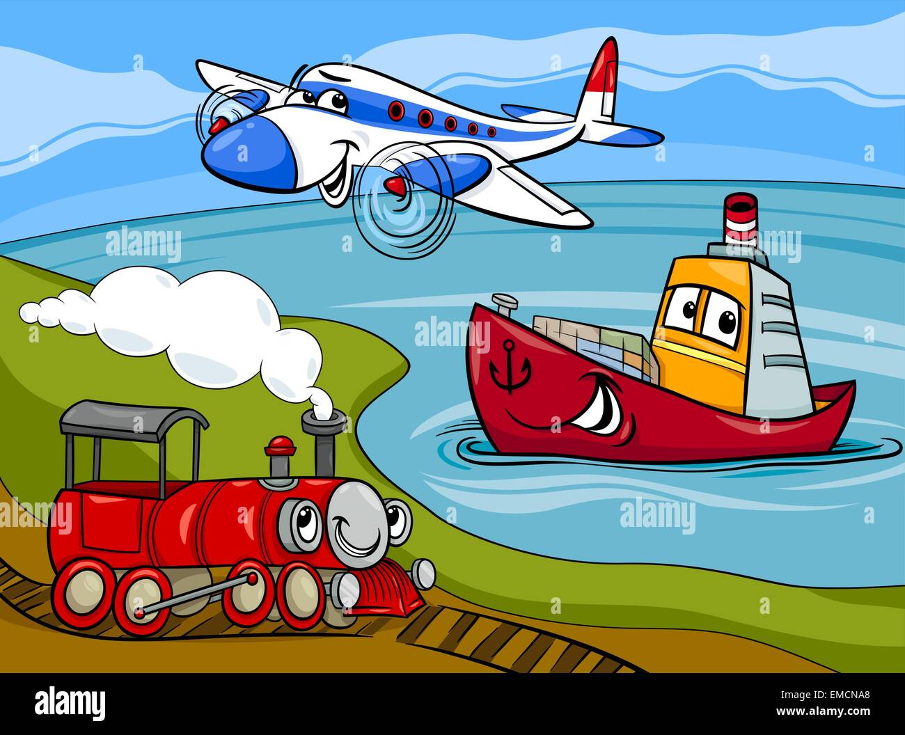 Avion train bateau cartoon illustration Illustration de Vecteur