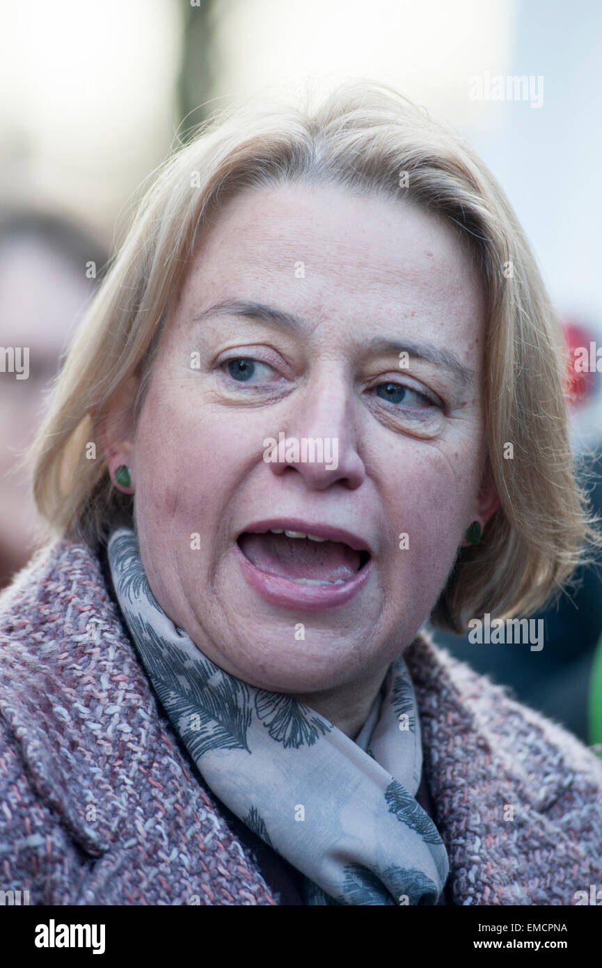 Le Parti Vert affiche de campagne lancement le 19/01/2015 à College Green, Londres. La chef du Parti vert, Natalie Bennett lance la nouvelle affiche du parti qui propose le slogan "Que craignez-vous, les garçons ?". Photo par Julie Edwards Banque D'Images