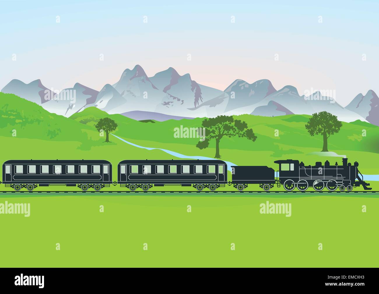 Train à vapeur en face de mountain meadow Illustration de Vecteur