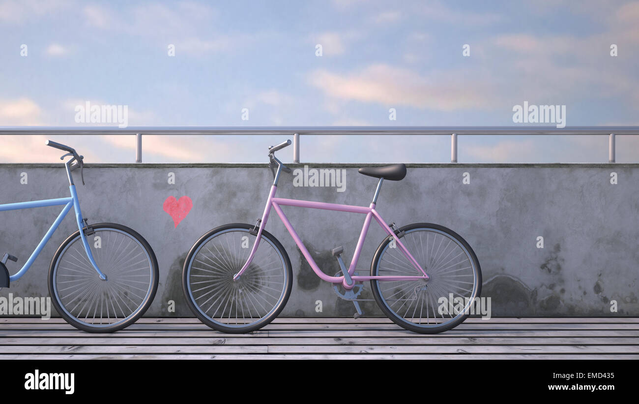 Deux vélos leaning against wall avec coeur peint, rendu 3D Banque D'Images
