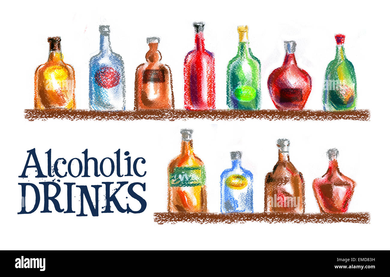 Bouteille sur un fond blanc. la vodka, vin, champagne, Whisky et autres Banque D'Images