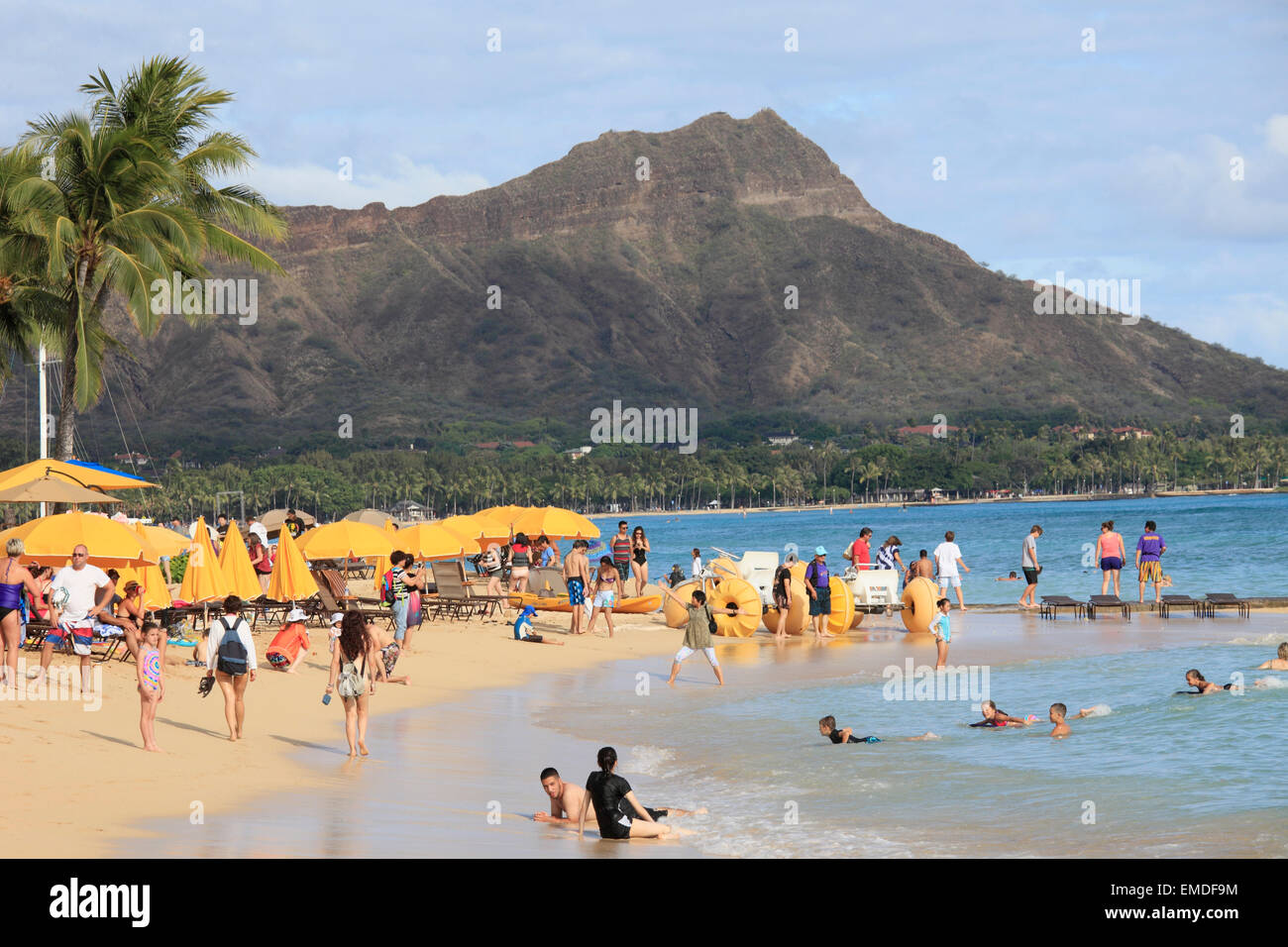Hawaii, Oahu, Waikiki, plage, personnes, Diamond Head, Banque D'Images