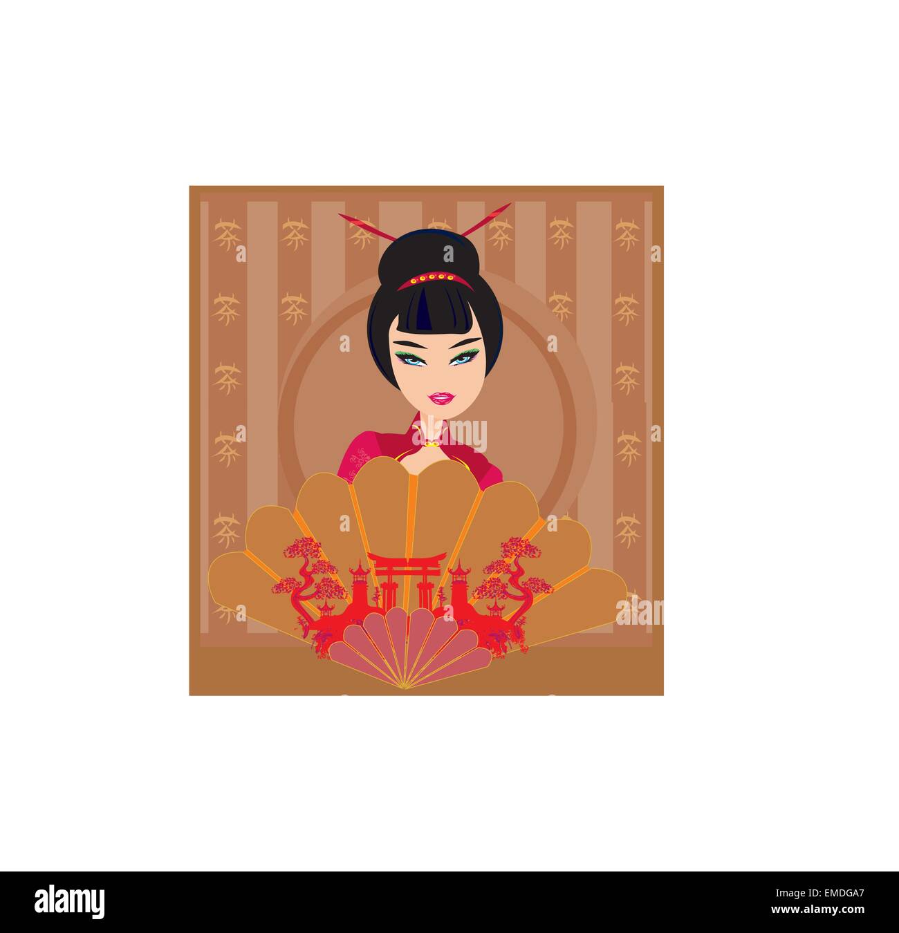 Attractive asian woman holding ventilateur traditionnel Illustration de Vecteur