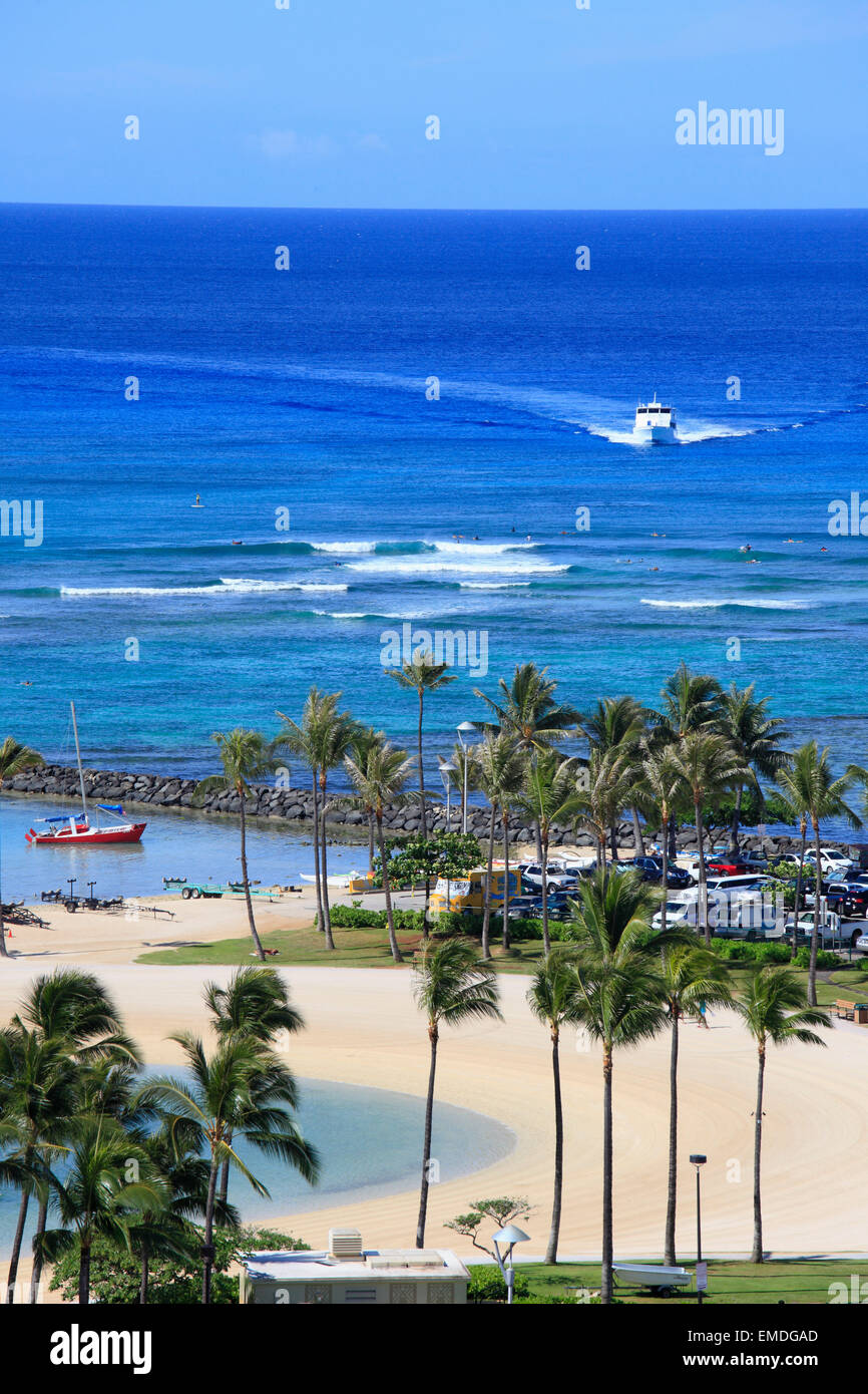 Hawaii, Oahu, Waikiki, Hilton Lagoon, plage, vue aérienne, Banque D'Images