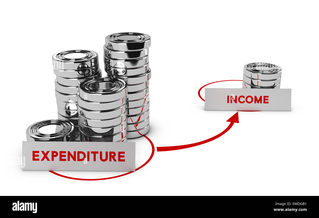 Pièces génériques sur fond blanc, les dépenses sont plus élevées que le revenu, symbole de la faillite commerciale ou de dettes. Banque D'Images