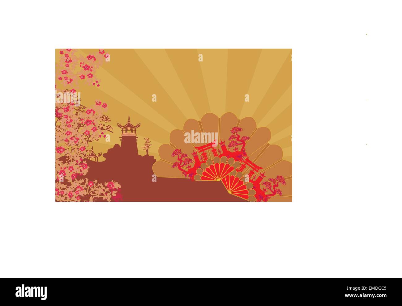 Paysage chinois décoratif et belle carte des fans Illustration de Vecteur