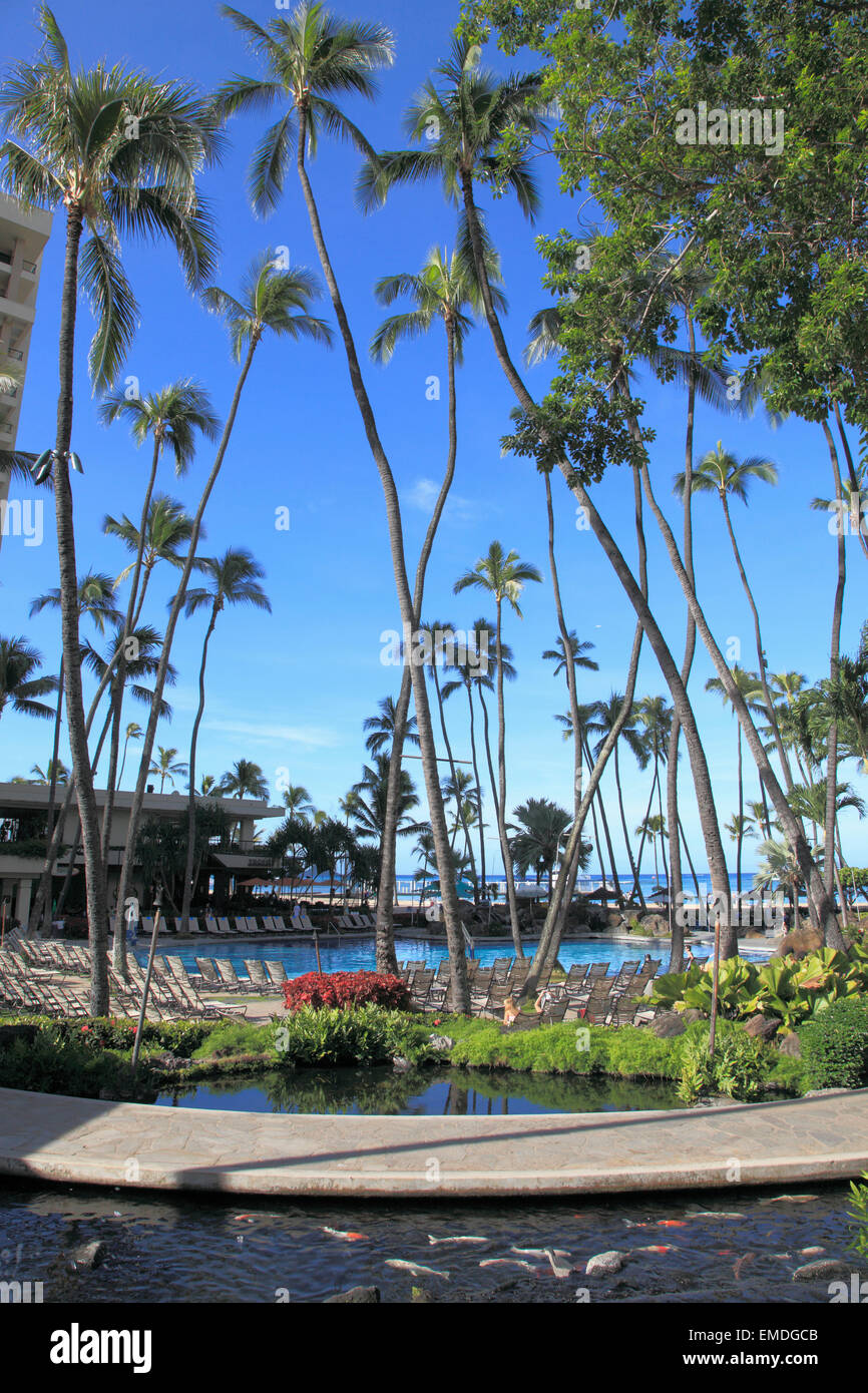 Hawaii, Oahu, Waikiki, l'hôtel Hilton, la piscine, Banque D'Images