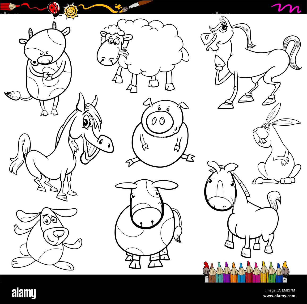 Livre de coloriage Cartoon Illustration Jeu de caractères animaux rigolos de la ferme Illustration de Vecteur