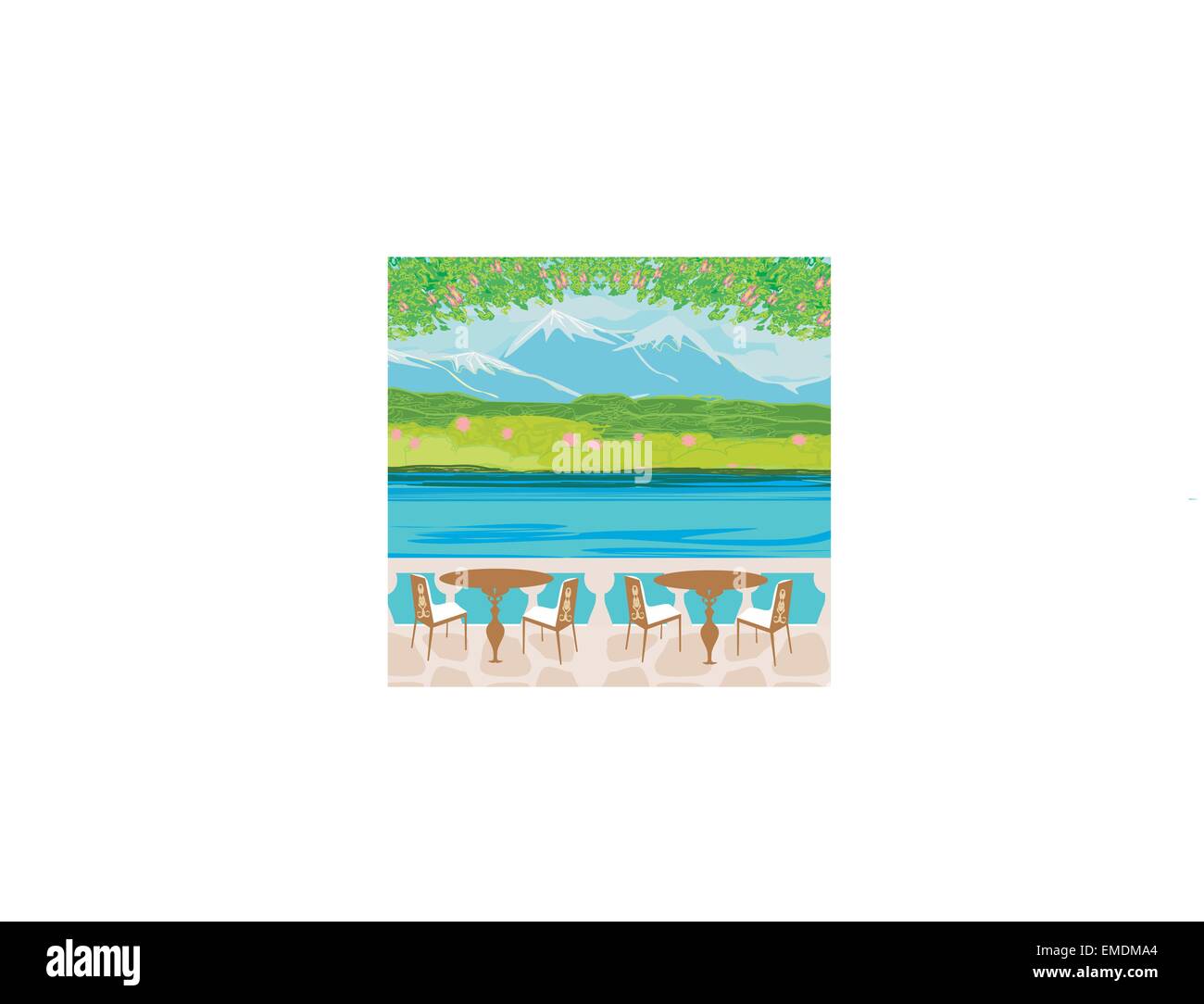 Paysage avec des montagnes et vecteur des tables de café Illustration de Vecteur