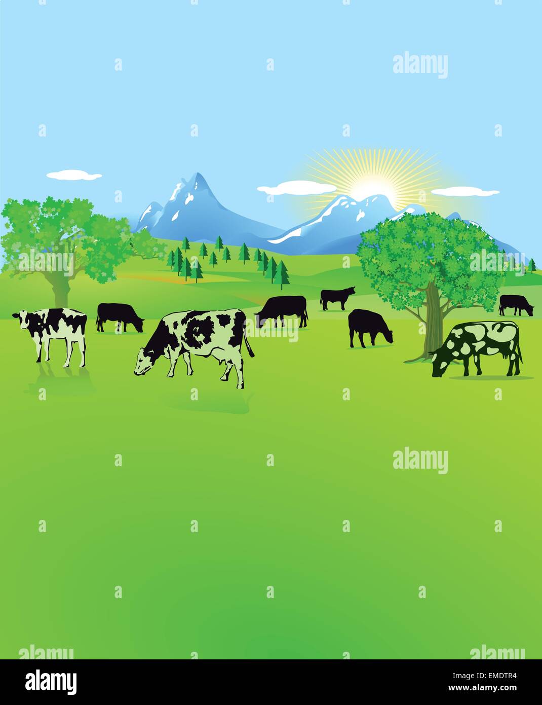 Paysage de montagne avec des vaches blanches, noires Illustration de Vecteur