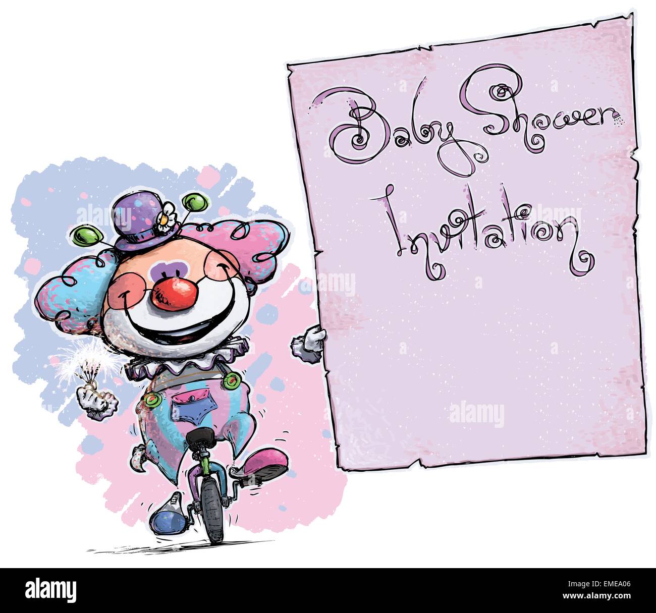 Clown sur Unicycle Holding Invitation-Baby Douche Partie Illustration de Vecteur
