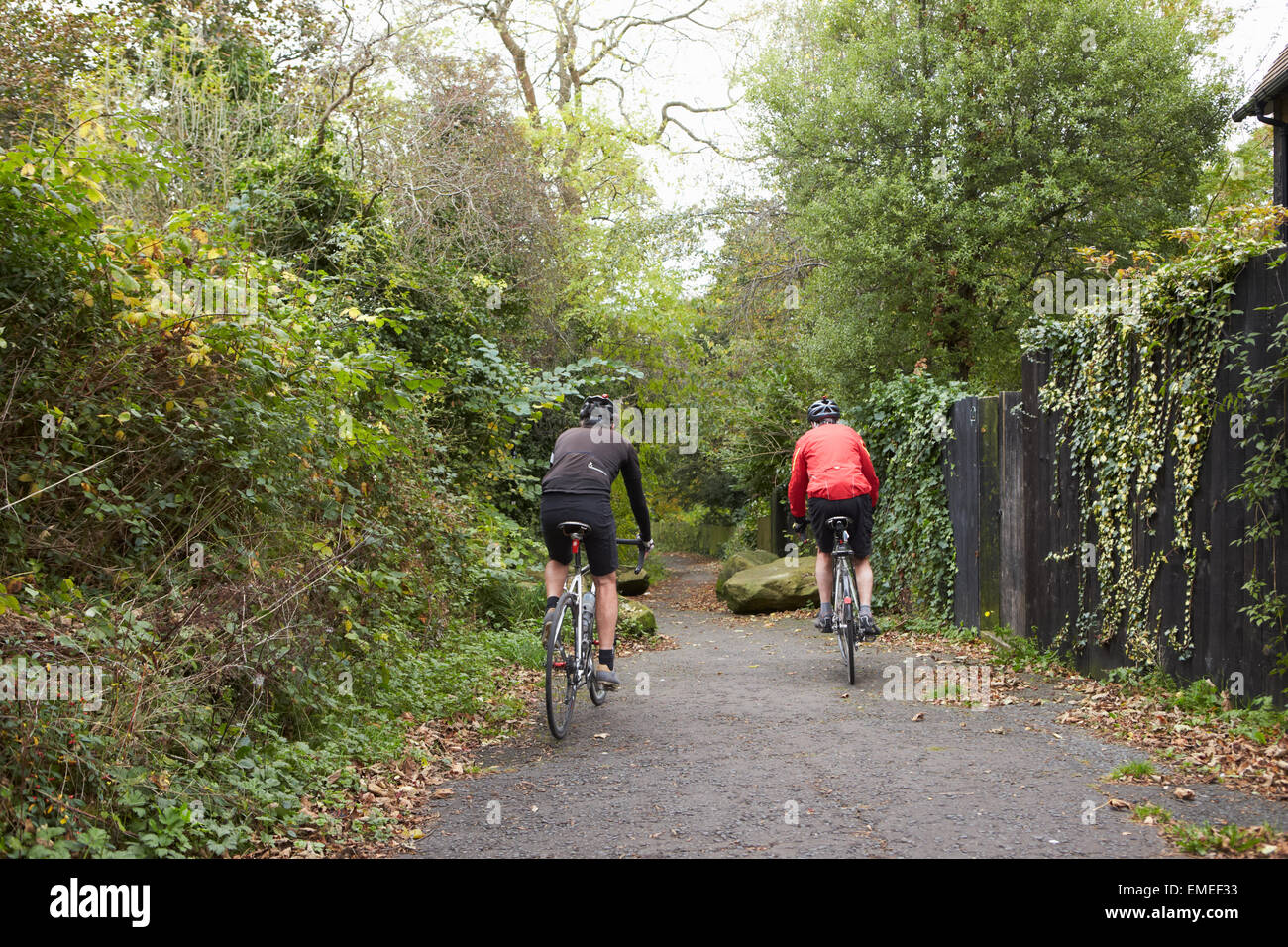 Deux cyclistes mâles à bicyclette le long du chemin Banque D'Images