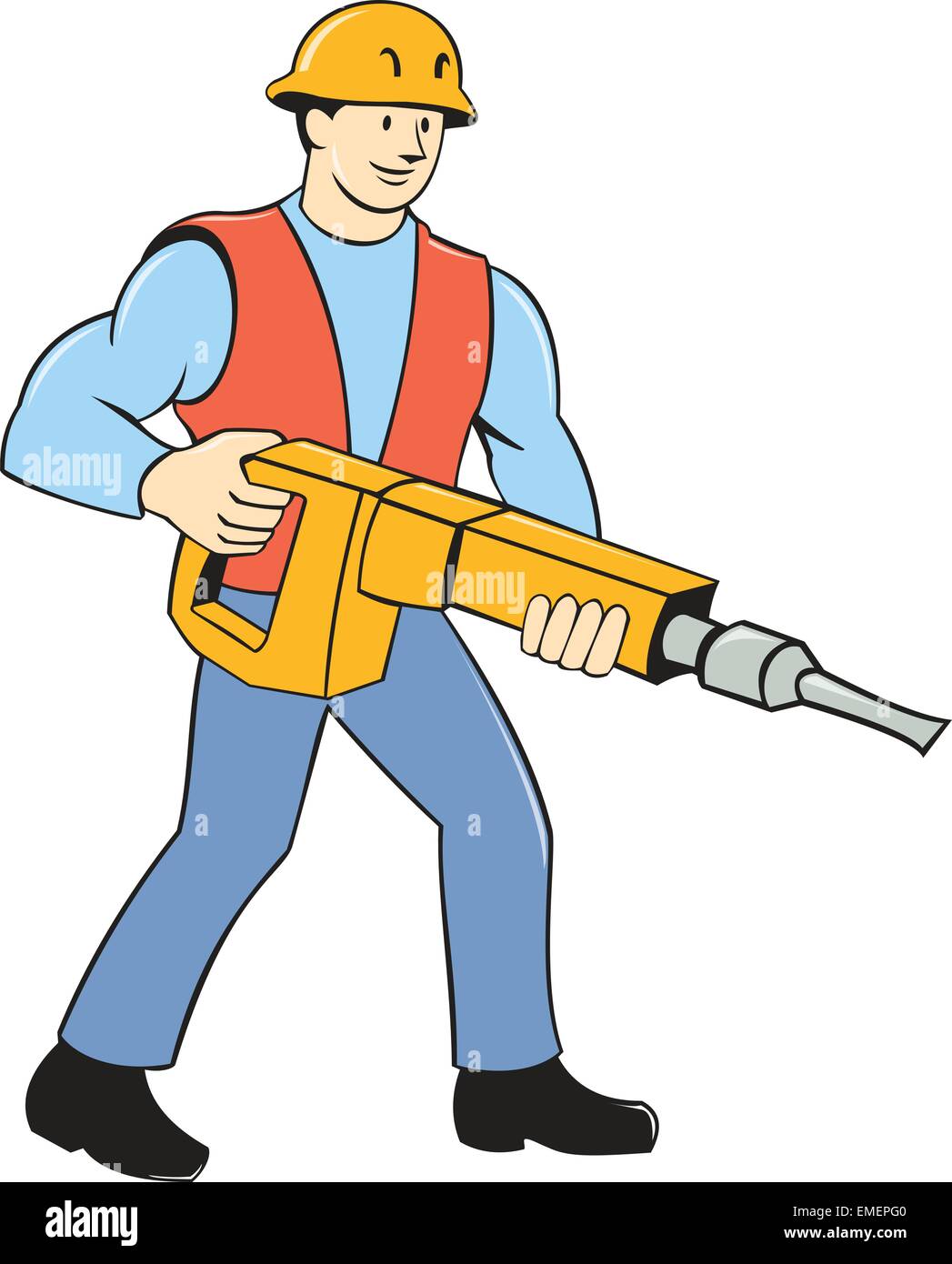 Construction Worker Holding Jackhammer Cartoon Illustration de Vecteur