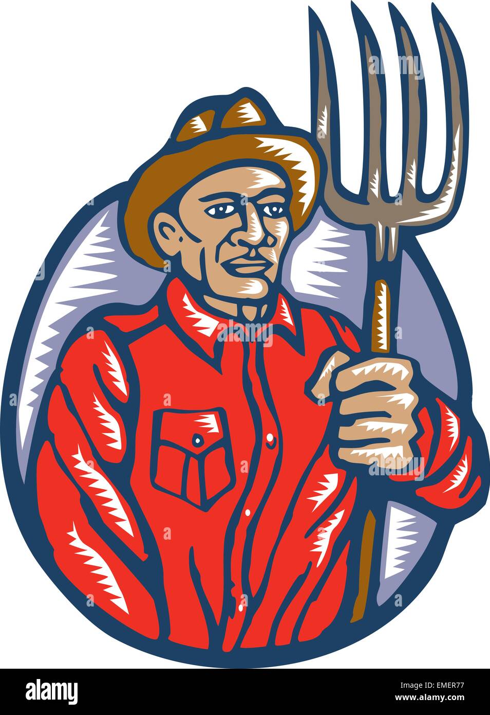 Organic Farmer Holding Pitchfork linogravure gravure sur bois Illustration de Vecteur