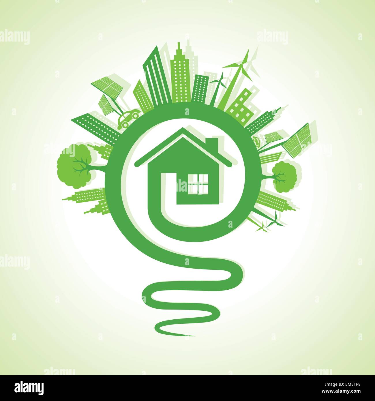 Ecology concept - eco paysage urbain avec la lumière de l'ampoule et l'icône d'accueil stock vector Illustration de Vecteur