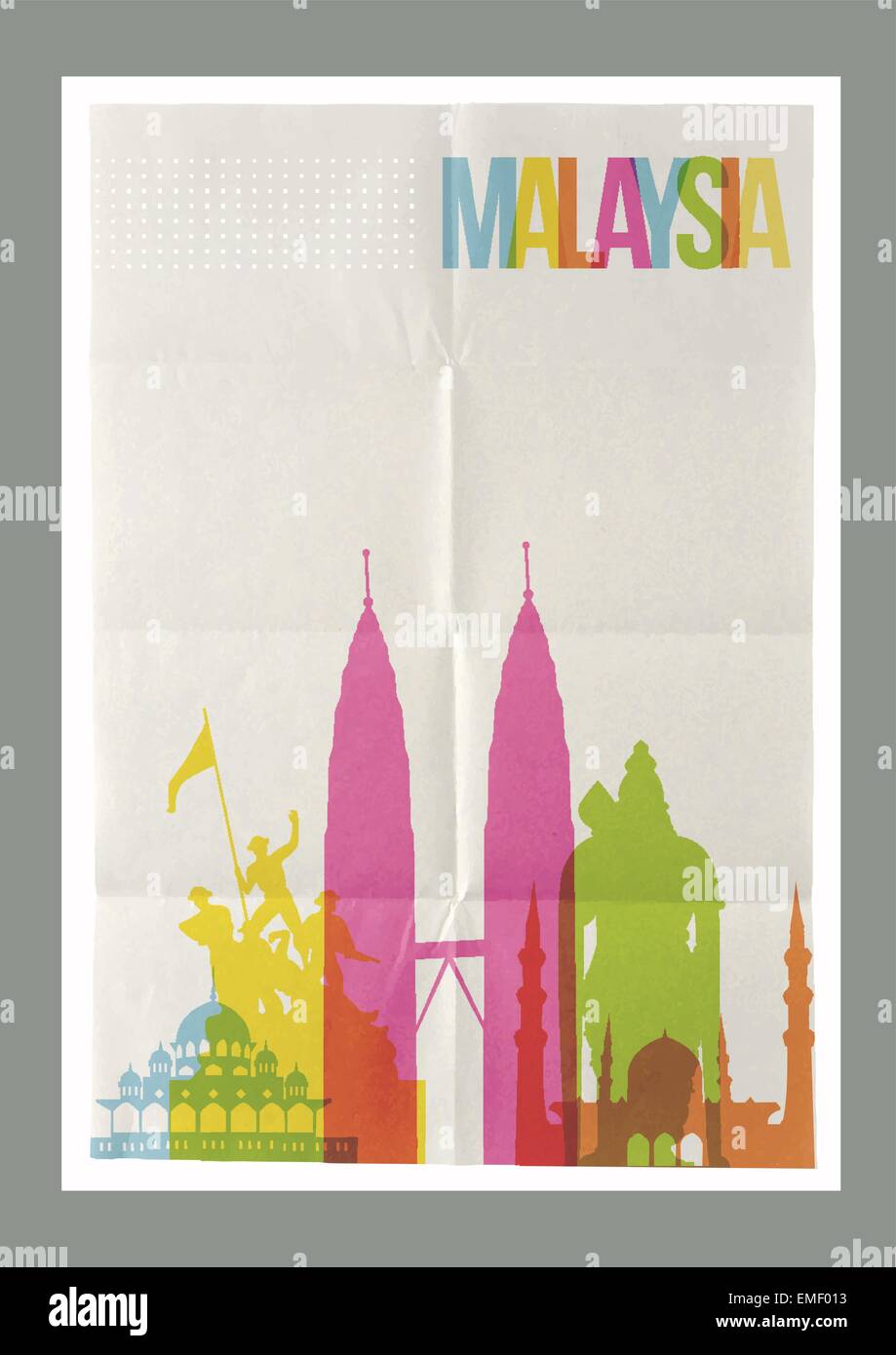 La Malaisie voyage landmarks skyline vintage poster Illustration de Vecteur